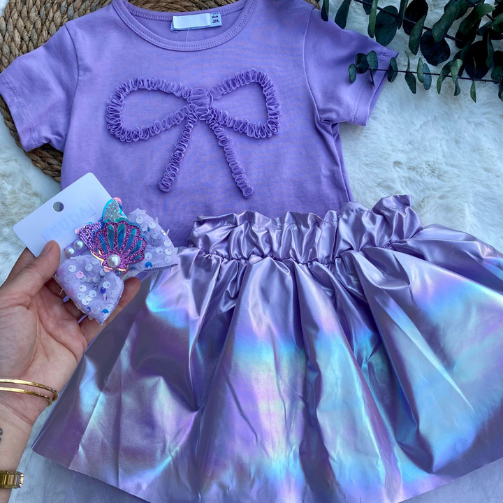 Lila Fiyonk Detaylı T-Shirt ve Holografik Etek 2'li Kız Çocuk Takım