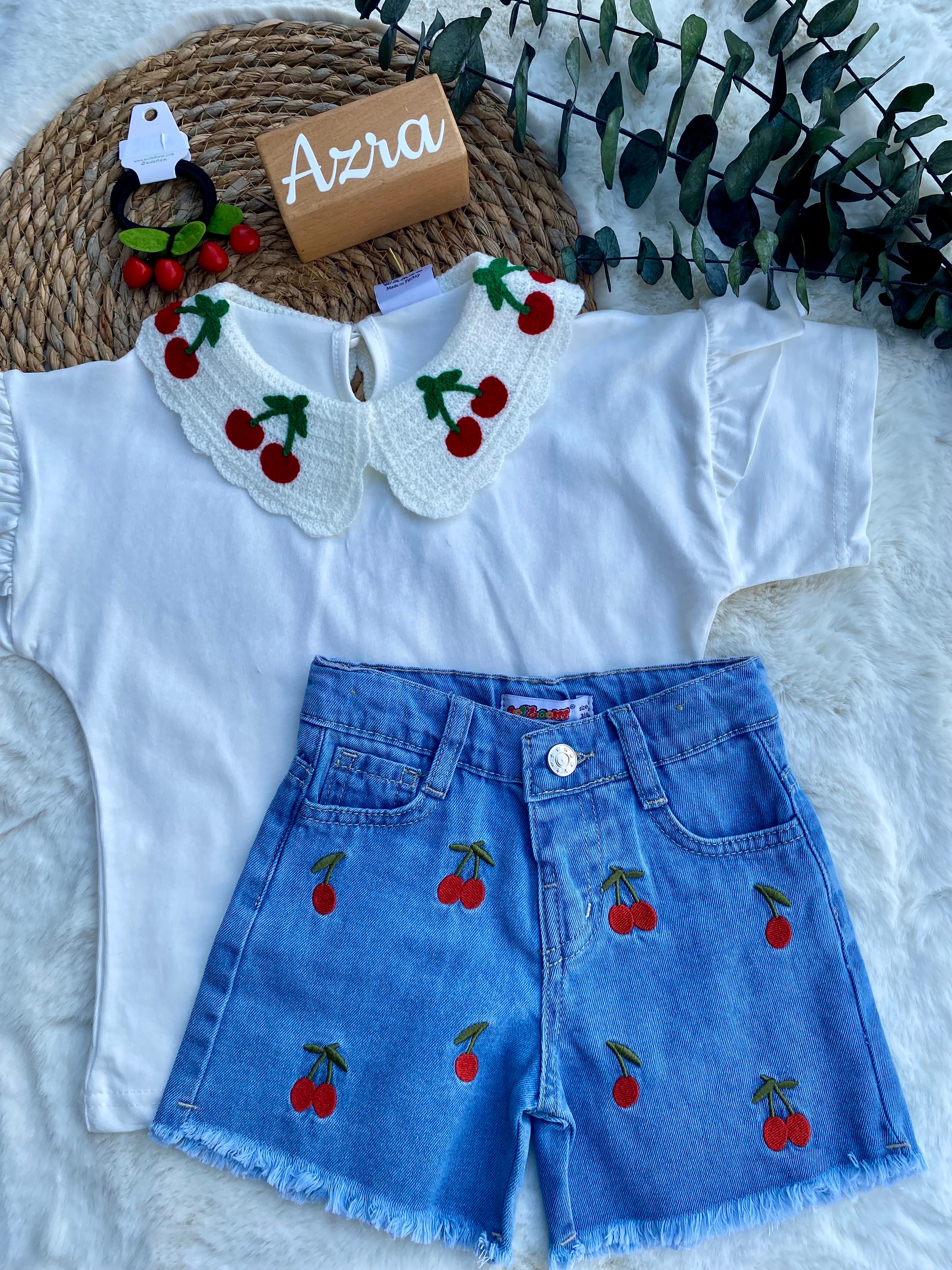 Kiraz Nakışlı Kız Çocuk Takım - T-Shirt ve Şort
