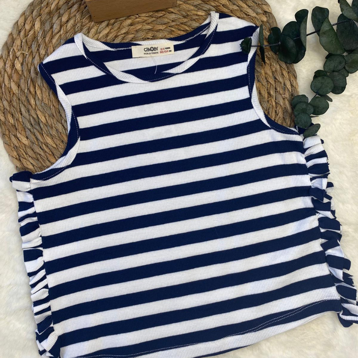 Lacivert Çizgili Crop Bluz