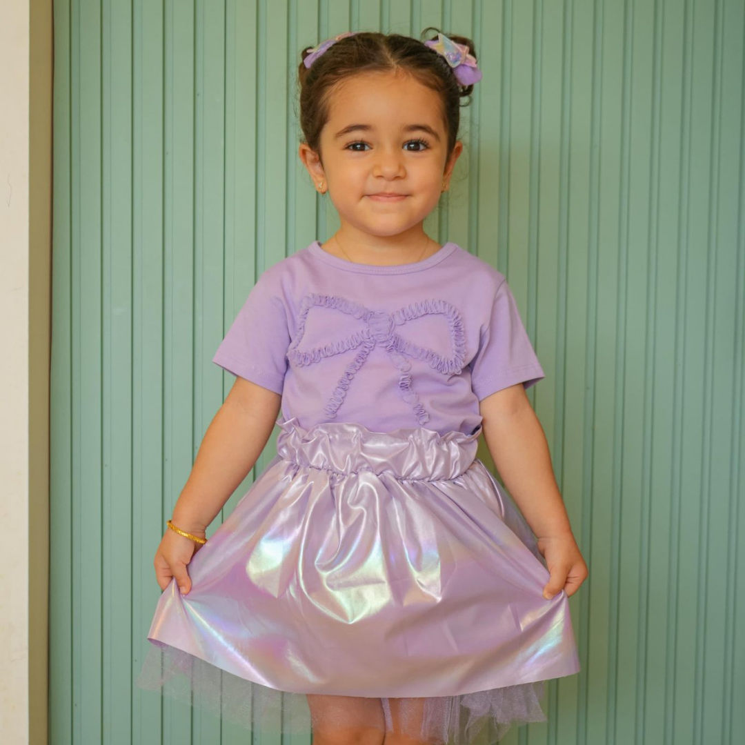 Lila Fiyonk Detaylı T-Shirt ve Holografik Etek 2'li Kız Çocuk Takım