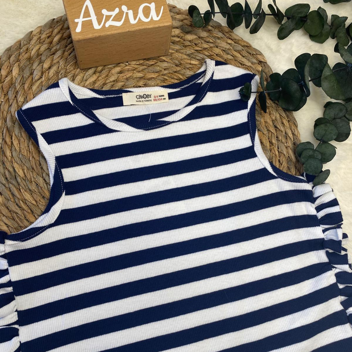 Lacivert Çizgili Crop Bluz