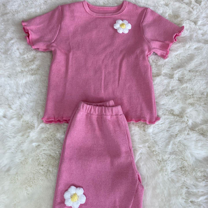 Pembe Çiçek Detaylı Kız Çocuk Alt Üst Takım